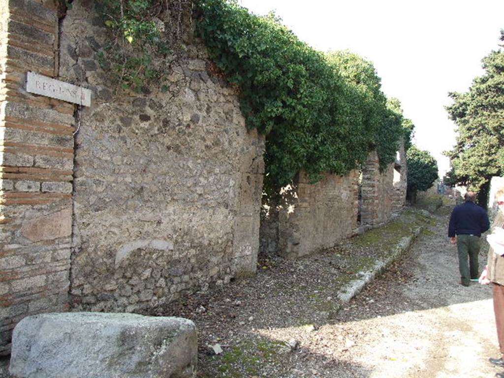 I.3.29 Pompeii. Site of street altar. December 2006.
Fiorelli states that at the end of this side of the insula, painted on the external wall was a divinita tutelare of the road, a serpent coiling around the trunk of a tree. Under this, in small letters, one used to be able to read INNVLVS ROGAT. See Pappalardo, U., 2001, La Descrizione di Pompei per Giuseppe Fiorelli (1875). Napoli: Massa Editore. (P.41)