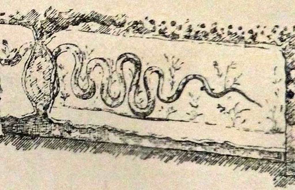 Pompeii Street Altar at I.8.1. Detail from drawing of painting of second serpent to south of altar.