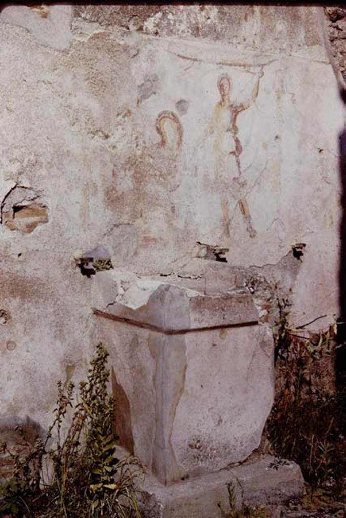 Pompeii, street altar on west side wall of I.11.1, 1966. Photo by Stanley A. Jashemski.
Source: The Wilhelmina and Stanley A. Jashemski archive in the University of Maryland Library, Special Collections (See collection page) and made available under the Creative Commons Attribution-Non Commercial License v.4. See Licence and use details.
J66f0404
