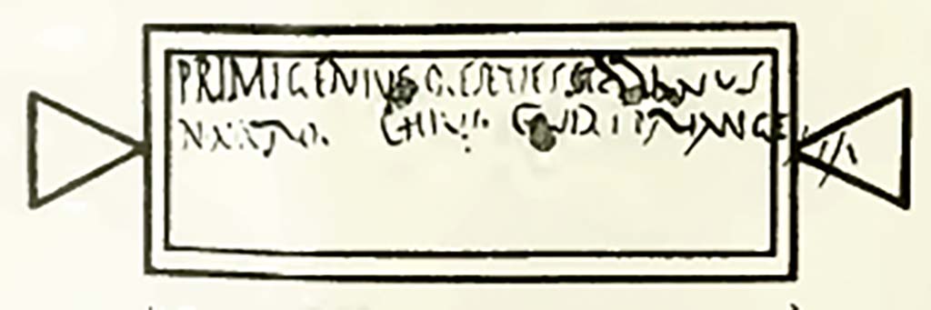 Above the painting were found traces of names of Vicomagistri in black, enclosed in two rectangles, the outer one black and the inner one red. [CIL IV 7425]. 
See Notizie degli Scavi di Antichit�, 1913, p.478-9, Fig 2.

According to Epigraphik-Datenbank Clauss/Slaby (See www.manfredclauss.de), these read as �

Primigenius Caeseti(a)es Stalbnus 
N(umerius) Maro(nis) Chius C(ai) Viri Primigeni      [CIL IV 7425]

According to Cooley, written in charcoal, were the names of the local district officials, or more probably their attendants, in charge of the cult.
Below the text were pictures relating to the cult, with two serpents below, and two Lares above with drinking cups next to a figure sacrificing. 
Its excavators could discern 5 layers of painting, showing that the shrine�s painting was renewed over a period of some years.
On the upper surface of the altar itself were found considerable quantities of ash and wood, perhaps the remnants of burnt offerings.
She translated CIL IV 7425 as �
�Primigenius, slave of Caesetia; Stalbnus, slave of Numerius Maro; Chius, slave of Gaius Virius Primigenius�.
See Cooley, A. and M.G.L., 2004. Pompeii: A Sourcebook. London: Routledge. (p.108)
