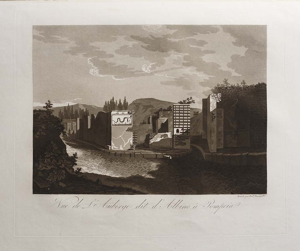 Pompeii Street Shrine at VI.4.1. 1822-4 painting by Paolo Fumagalli showing façade, street shrine and snake painting.
The snake painting is reversed from that of Mazois and Gell.
The painting has the title “Vue de l'Auberge dit d'Albino à Pompeia”.
The narrative in his book though describes clearly the hospitium of Albinus at VI.17.1.
See Fumagalli P. Pompeia, trattato pittorico, storico, e geometrico, opera disegnata negli anni 1824 al 1830, Firenze, Fumagalli, p. 37 and unnumbered picture.
Photo courtesy Thorvaldsensmuseum Copenhagen. Inventory number E550,50. See photo on museum web site CC0 - dedicated to Public Domain