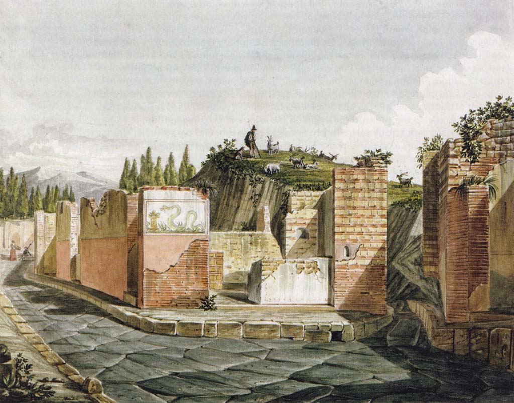 Pompeii Street Shrine at VI.4.1. 1824 painting showing façade and shrine painting showing less remaining plaster than the painting of Fumagalli.
Mazois painting titled Autel dans un carrefour, et vue d'une rue.
Foto Taylor Lauritsen, ERC Grant 681269 DÉCOR.
See Mazois, F., 1824. Les Ruines de Pompei : Second Partie. Paris : Firmin Didot. (Pla. 6, fig. 2).