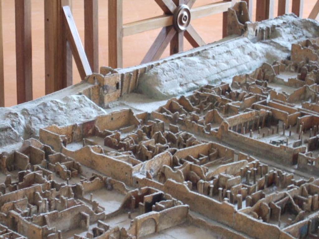 Location of street altar at north end of Via di Mercurio, in front of Tower XI, and on the wall that blocked the end of the street. From model in Naples Archaeological Museum.