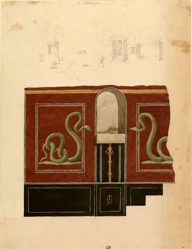 VII.9.42 Pompeii. Between 1823 and 1828, painting by F Duban of west wall with arched niche and serpents.
The pencil drawings above it, may or may not be from the Macellum, VII.9.7/8.
See Duban F. Album de dessins d'architecture effectués par Félix Duban pendant son pensionnat à la Villa Medicis, entre 1823 et 1828 : Tome 2, Pompéi, pl. 41.
INHA Identifiant numérique NUM PC 40425 (2)
https://bibliotheque-numerique.inha.fr/idurl/1/7157 « Licence Ouverte / Open Licence » Etalab