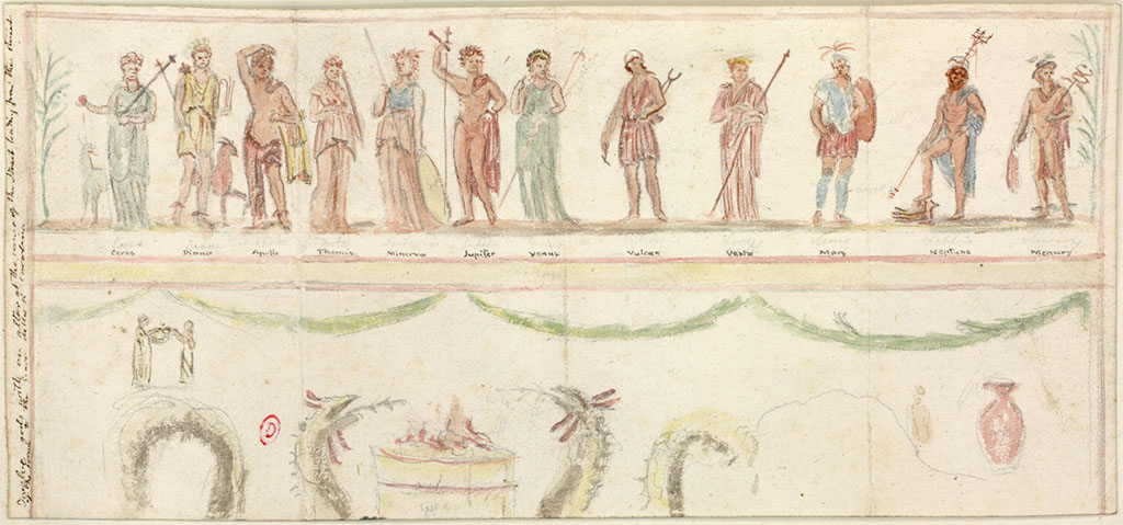 Altar VIII.3.11 Pompeii. c.1819, sketch by W. Gell of the painting of the 12 Gods, with part of the painting of the two serpents.
Here Gell names them from the left as Ceres, Diana, Apollo, Themis, Minerva, Jupiter, Venus, Vulcan, Vesta, Mars, Neptune and Mercury.
See Gell W & Gandy, J.P: Pompeii published 1819 [Dessins publi�s dans l'ouvrage de Sir William Gell et John P. Gandy, Pompeiana: the topography, edifices and ornaments of Pompei, 1817-1819], pl. 54.
See book in Biblioth�que de l'Institut National d'Histoire de l'Art [France], collections Jacques Doucet Gell Dessins 1817-1819
Use Etalab Open Licence ou Etalab Licence Ouverte
