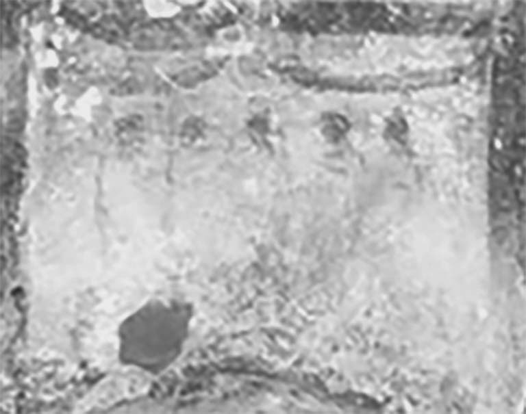 Street shrine outside IX.12.7. Detail from 1912 photograph.
Bottom right painting: Fröhlich described two garlands with five persons in white garments in a semicircle, probably the vicomagistri and a tibicen.
Jacobelli described them as five priests or magistri vici in the act of making a sacrifice.
She also stated that this painting covered an older one on the same subject and perhaps it was meant to conceal the Genius of Augustus/Nero, affected posthumously by the damnatio memoriae, which dictated that the emperor’s name and image be wiped out wherever they appeared.
See Fröhlich, T., 1991. Lararien und Fassadenbilder in den Vesuvstädten. Mainz: von Zabern. (p. 339, F71, T: 58,2).
See Jacobelli, L., 2003. Gladiators at Pompeii. Rome: L’Erma di Bretschneider. (p. 85; Figs 69-70).
