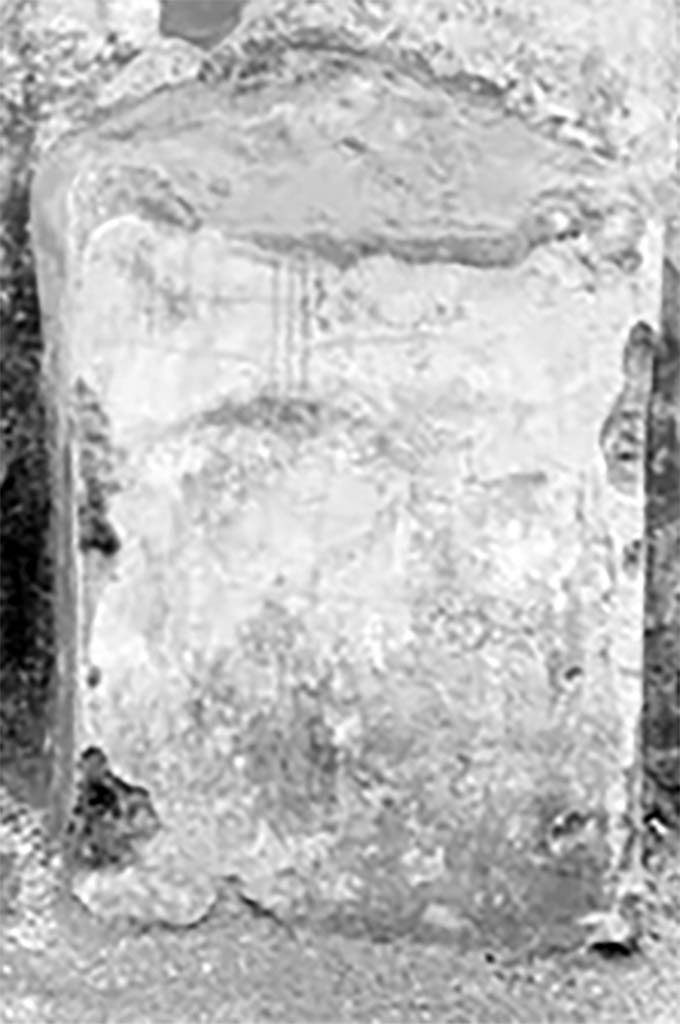 Street shrine outside IX.12.7. Detail from 1912 photograph.
According to Fröhlich, on the south side to the left was a pig's head in profile and to the right was an older, translucent pigs head.
The altar was decorated with sausages and pigs’ heads.
See Fröhlich, T., 1991. Lararien und Fassadenbilder in den Vesuvstädten. Mainz: von Zabern. (p. 339, F71, T: 58,2).