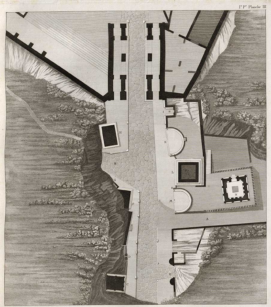 Pompeii street shrine on the corner of Via Pomeriale. Plan of location outside Herculaneum Gate published by Mazois in 1824.
According to Mazois "this painting was placed at the corner of a crossroads formed by the consular way and the street A.
See Mazois, F., 1824. Les Ruines de Pompei : Premiere Partie. Paris : Didot Fr�res, (p. 59 and Tav. III).
