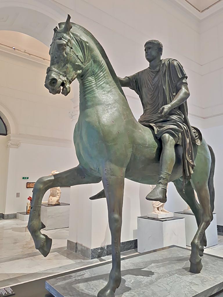 Arch of Caligula, Pompeii. April 2023. Equestrian statue found in pieces beneath the arch and rebuilt.
On display in “Campania Romana” gallery in Naples Archaeological Museum. Photo courtesy of Giuseppe Ciaramella.