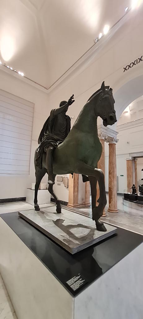 Arch of Caligula, Pompeii. April 2023.
Equestrian statue found in pieces beneath the arch and rebuilt.
On display in “Campania Romana” gallery in Naples Archaeological Museum
Photo courtesy of Giuseppe Ciaramella.