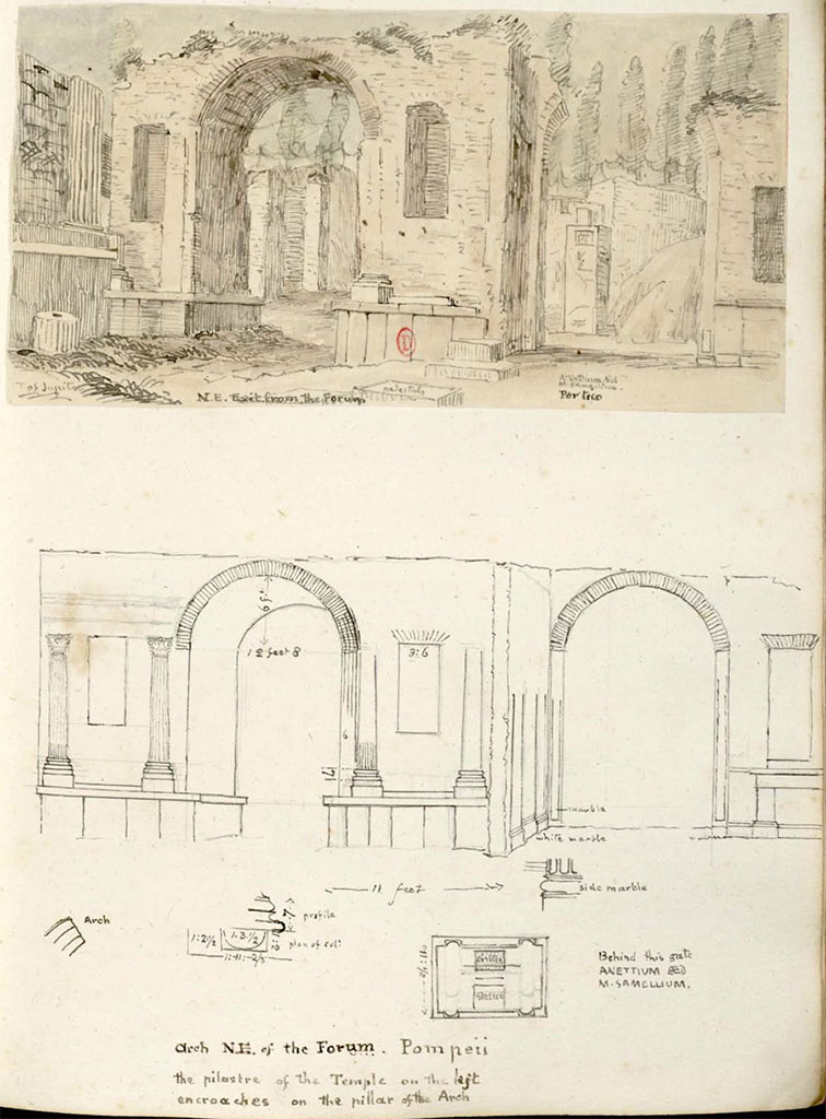 Arch at north-east end of the Forum. Between 1819 and 1832. Drawing by W. Gell, of N.E. exit from the Forum.
Note: the drawing below showing columns on the arch, on the left, as well as reconstructed arch, on the right.
See Gell, W. Pompeii unpublished [Dessins de l'édition de 1832 donnant le résultat des fouilles post 1819 (?)] vol II, pl. 7.
Bibliothèque de l'Institut National d'Histoire de l'Art, collections Jacques Doucet, Identifiant numérique Num MS180 (2).
See book in INHA Use Etalab Licence Ouverte
