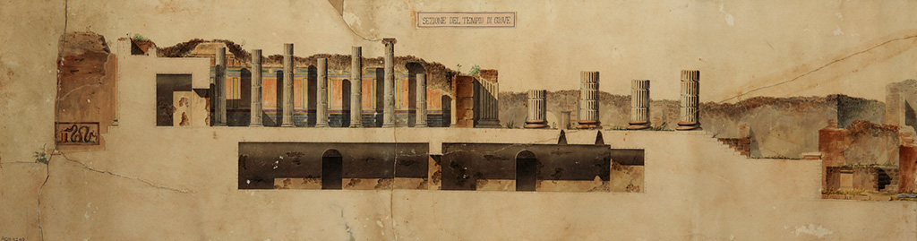 Arched entrance in north-west corner of Forum. Painting c.1843 by Pasquale Maria Veneri of a section of west side of the Temple of Jupiter.
It also shows the only known representation of the lararium painting on the inner east side of the arched entrance.
Now in Naples Archaeological Museum. Inventory number ADS1210.
On the left, starting in the Via dei Soprastanti, the painting shows the street lararium painted on the pier of the arch known as Caio or Lucio Cesare, not documented in any other design.
Also shown are the vaulted rooms beneath the podium.
Photo © ICCD. http://www.catalogo.beniculturali.it
Utilizzabili alle condizioni della licenza Attribuzione - Non commerciale - Condividi allo stesso modo 2.5 Italia (CC BY-NC-SA 2.5 IT)