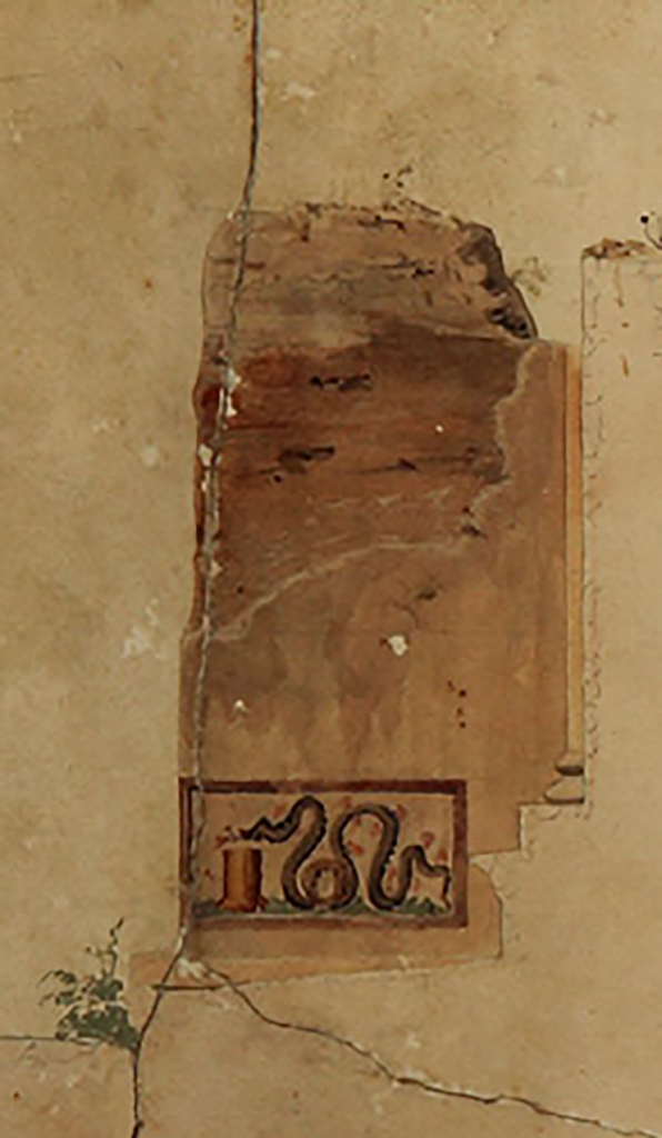 Arched entrance in north-west corner of Pompeii Forum. Painting c.1843 by Pasquale Maria Veneri
Detail from painting by Pasquale Maria Veneri of inner east pier of arch showing only known representation of the lararium painting.
The architrave of the west wide of the Temple of Jupiter is shown in outline at the bottom right.
Now in Naples Archaeological Museum. Inventory number ADS1210.