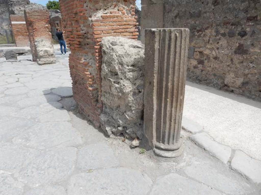 Arch of Marcus Holconius Rufus. May 2017. South-west pillar with remains of a statue base and a column. One of the four pillars supporting the arch. Photo courtesy of Buzz Ferebee.