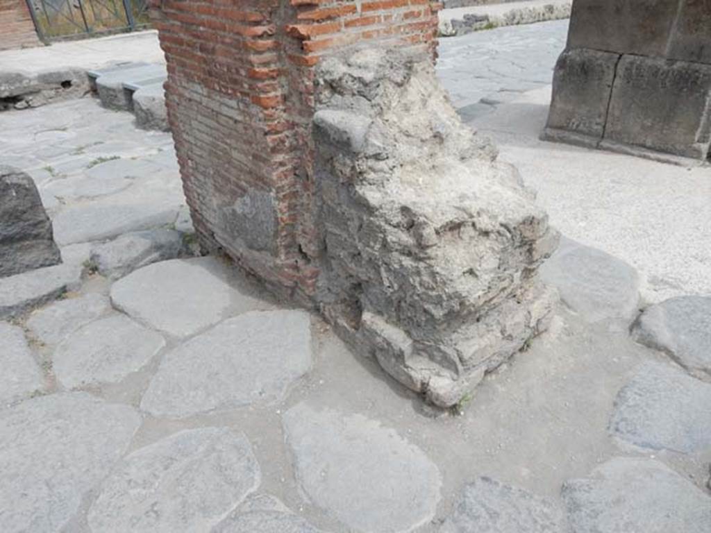 Arch of Marcus Holconius Rufus. May 2017. South-east pillar with remains of a statue base. One of the four pillars supporting the arch. Photo courtesy of Buzz Ferebee.