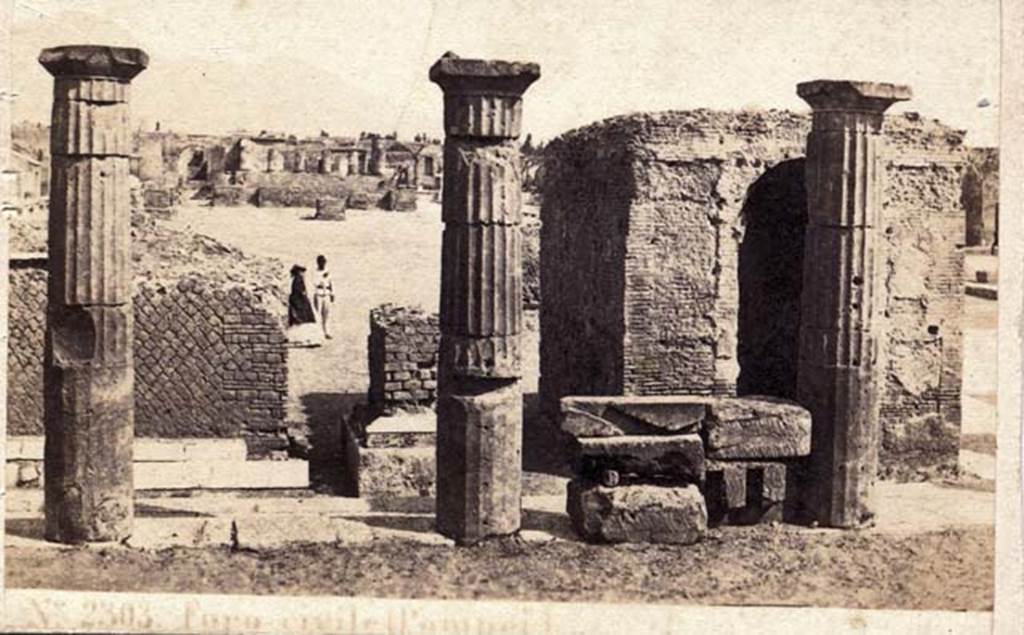 Arched monument at south end of Forum, looking north through the colonnade of Popidius.
Between 1867 and 1874. Photo by Sommer and Behles. Photo courtesy of Charles Marty.