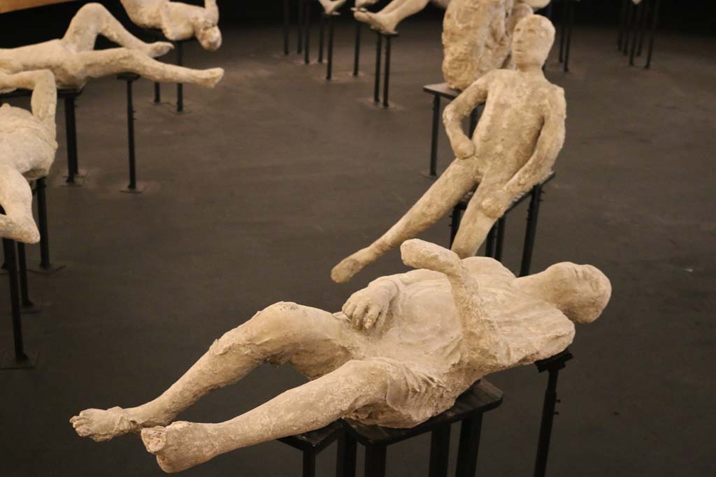 Pompeii Cast Project 2015. Victim number 15. Photo courtesy of Estelle Lazer.
According to Estelle Lazer, this victim was the sixteenth cast to be made.
The cast was produced in 1890, when the victim was discovered outside the Porta Stabiana.
It has been interpreted as a male. A popular interpretation is that this person was a beggar with a bag for alms.
Very little skeletal material was observed, but there was enough to appreciate that what had previously been interpreted as a begging bag was in fact a miscast hand.
The impression of a very fine sandal on one foot seemed a bit of a discrepancy but this was explained away as a gift from a philanthropist.
This victim was X-rayed. No bones were found in the head or the upper body.
This individual was consistent in age with a person in their teens. There was almost complete fusion of the distal epiphysis of the right tibia.
Fusion of this bone is usually complete in females between fourteen and sixteen years of age and males between sixteen and twenty.
The right calcaneal epiphysis was not completely fused.
In modern Western populations, fusion of this bone begins between ten and twelve years in females and eleven and fourteen years in males.
It is generally completed between fifteen and sixteen years of age in females and eighteen and twenty years in males.
Sex determination of sub-adults from the skeletal record tends to be unreliable.
See Lazer E., et al. 2020. Inside the Casts of the Pompeian Victims: Results from the First Season of the Pompeii Cast Project In 2015. Papers of the British School at Rome.
See Lazer E., 2009. Resurrecting Pompeii. Abingdon: Routledge, p. 117-119, p. 251-2, fig. 10.3.