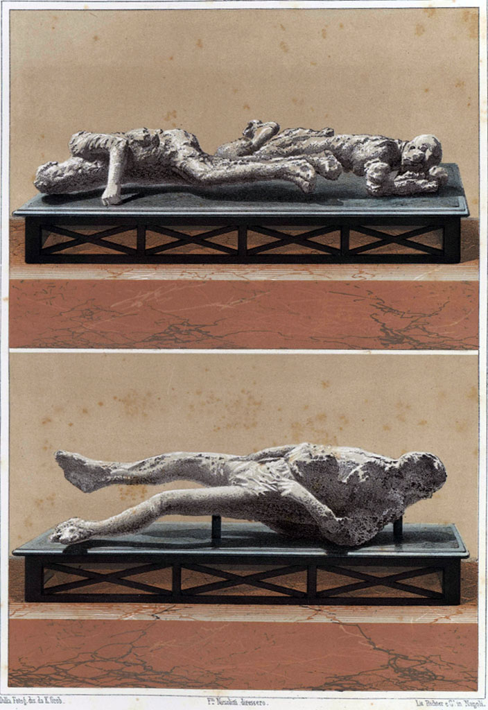 Victim number 1 in lower picture and victims 2 and 3 in upper picture.
See Niccolini F, 1862. Le case ed i monumenti di Pompei: Volume Secondo. Napoli, Descrizione Generale, Tav. XVIII.

