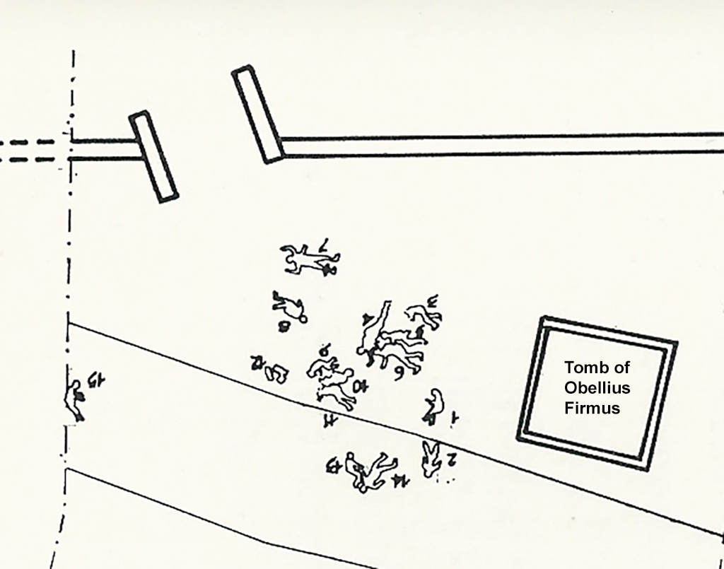 NGOF Pompeii. 1979. Plan of location of 15 bodies found by the tomb of Obellius Firmus. Plan after Stefano De Caro.
Victim 59 is number 8.
See De Caro S., 1979. Scavi nell’area fuori Porta Nola a Pompei: Cronache Pompeiane V, (p. 62, fig. 1).