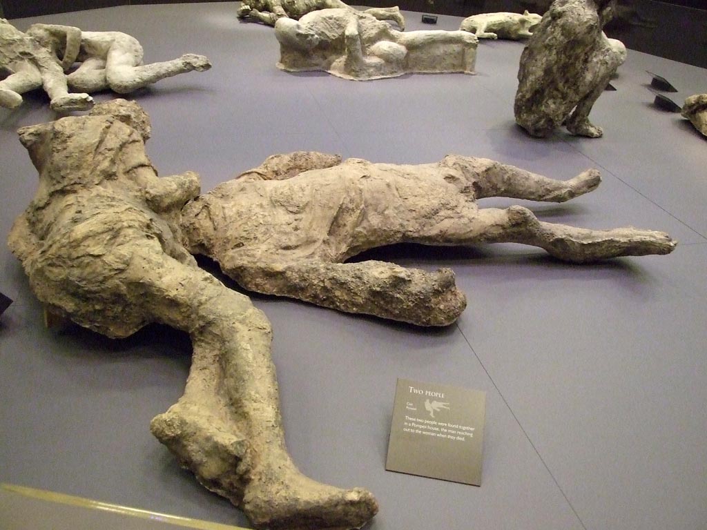 I.22.1 Pompeii, victim 71 (left), an adult woman over 20 years of age, with her hand over the head of victim 72, an adult man over 20 years of age.
Photographed at “A Day in Pompeii” exhibition at Melbourne Museum. September 2009.
The victim reaching out (71) is now said to be an adult woman over 20 years of age and the other victim an adult male over 20 years of age.
Victim 71 has a clearly visible imprint of clothing, probably a tunic with short sleeves, gathered on the hips and abdomen; on the back, chest, right shoulder and right leg the drapery of the fabric is evident.
See Osanna, N., Capurso, A., e Masseroli, S. M., 2021. I Calchi di Pompei da Giuseppe Fiorelli ad oggi: Studi e Ricerche del PAP 46, p. 484-6, Calco n. 71.
Victim 72 is an adult man over 20 years of age, lying in a supine position, with his head covered by the arm of victim 71.
The imprint of the clothes, a tunic and a cloak, is clearly visible on the chest, stomach and left arm.
See Osanna, N., Capurso, A., e Masseroli, S. M., 2021. I Calchi di Pompei da Giuseppe Fiorelli ad oggi: Studi e Ricerche del PAP 46, p. 487-9, Calco n. 72.