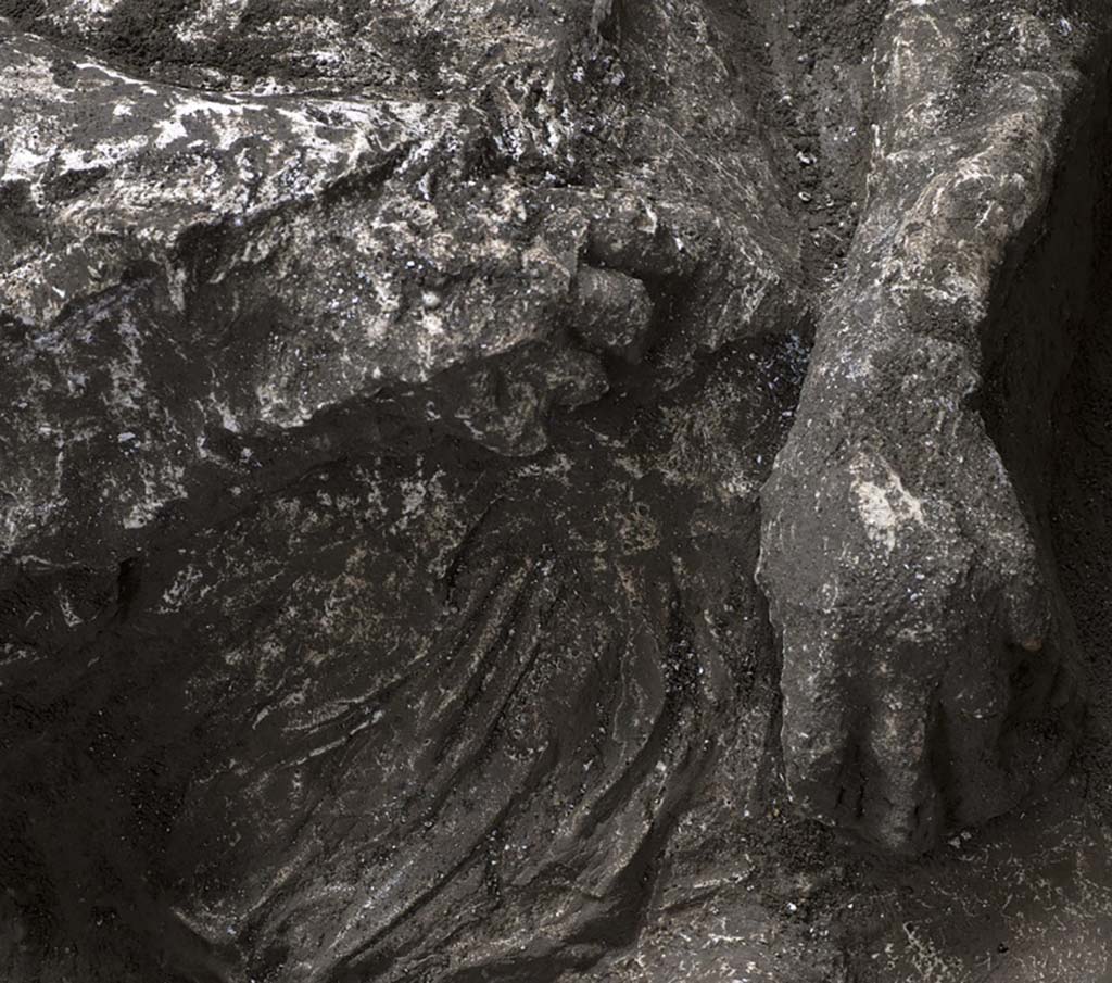 November 2020. Victim92. Detail of tunic and hands.
He wore a short tunic, of which the imprint of the drapery is clearly visible on the lower part of the belly, with thick rich folds and traces of heavy fabric, of a consistency which suggests that it was made of wool fibres.
Novembre 2020. Vittima 92, dettaglio di tunica e mani.
Indossava una tunica corta, di cui è ben visibile l’impronta del panneggio sulla parte bassa del ventre, con ricche e spesse pieghe, la cui consistenza assieme alle tracce di tessuto pesante, fanno ipotizzare che si trattasse di fibre di lana.
Photograph © Parco Archeologico di Pompei.