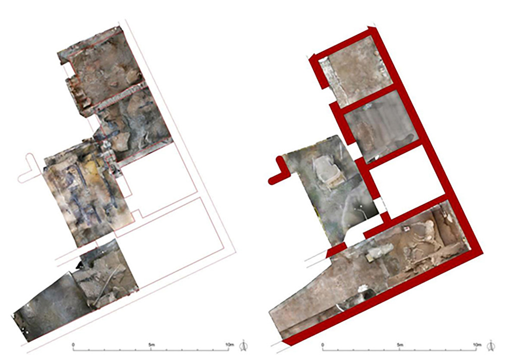 Cività Giuliana. February 2021. With the in situ micro-excavation completed, the various elements of the chariot have been transported to the laboratory of the Archaeological Park of Pompeii, where the restorers are working to complete the removal of volcanic material which still engulfs certain metal elements, and to begin the lengthy restoration and reconstruction of the chariot.
What has emerged has been systematically recorded via careful photographic documentation and through laser scanner surveying.
The chariot was found inside a double-level portico which probably faced onto an uncovered courtyard, not far from the already-investigated stable, to which it was connected by a door. We might recall that in the adjacent stable "e", which had already been investigated, it was possible to create casts not only of the trough, but also of a large horse, which bore a rich bronze harness. In the same room two other horses were discovered, one lying on its right side and the other on its left, of which it was sadly not possible to make a cast as a result of the damage caused by the tunnels of the grave robbers, and subsequent overbuilding of the cavities, which destroyed the context of the discovery. Nevertheless, other bronze harness elements were recovered, relating to a saddle and other parade elements, which can certainly be connected to the newly discovered chariot.
Cività Giuliana. Febbraio 2021. Terminato il microscavo in situ, attualmente i vari elementi del carro sono stati trasportati in laboratorio all’interno del Parco archeologico di Pompei, dove le restauratrici stanno procedendo a completare la rimozione del materiale vulcanico che ancora ingloba alcuni elementi metallici e a iniziare i lunghi lavori di restauro e ricostruzione del carro.
Quanto emerso è stato sistematicamente documentato mediante accurata documentazione fotografica e tramite rilievo con laser scanner
Il carro è stato ritrovato all’interno di un portico a due livelli che affacciava probabilmente su una corte scoperta, nei pressi della stalla già indagata, con la quale comunicava attraverso una porta. Nella stalla adiacente già indagata "e", ricordiamo che era stato possibile realizzare oltre al calco della mangiatoia, il calco di un cavallo di grande taglia, che presentava ricche bardature in bronzo. Nello stesso ambiente si rinvennero altri due cavalli, uno riverso sul fianco destro e uno sul fianco sinistro, di cui non è stato possibile realizzare il calco, a causa dei danni causati dai tunnel dei tombaroli e alla conseguente cementificazione delle cavità, che ne avevano distrutto il contesto di ritrovamento. Sono state tuttavia rinvenute altre bardature in bronzo, pertinenti ad una sella e altri elementi da parata, di sicura correlazione con il carro rinvenuto.
Photograph © Parco Archeologico di Pompei.