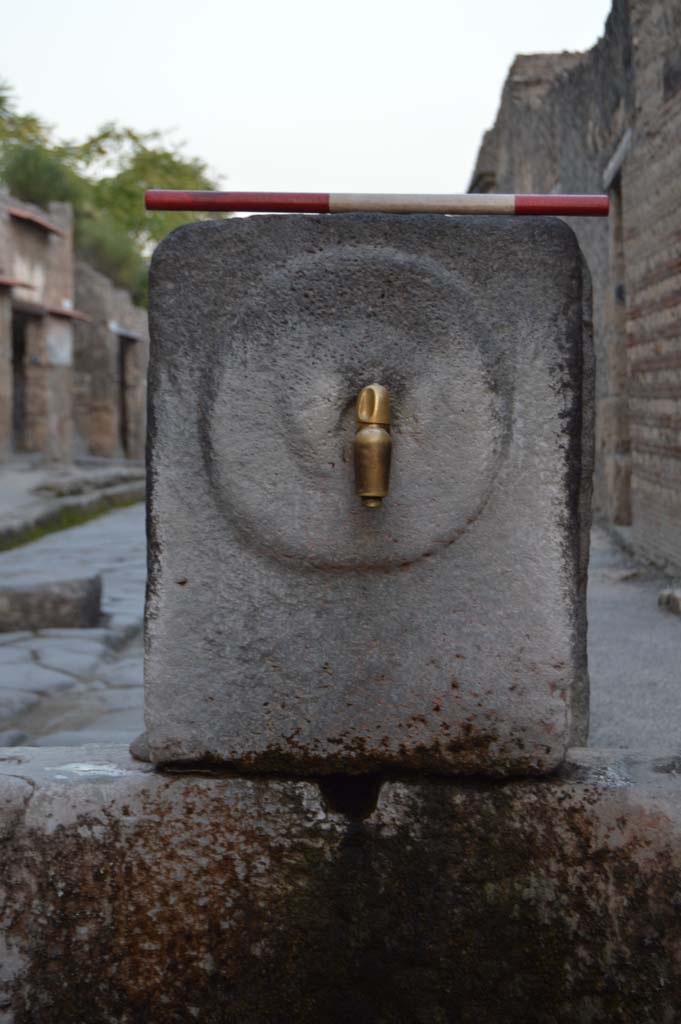 Fountain outside I.9.1 on Via dell’ Abbondanza. October 2018.
Fountain head with relief of “patera” or plate on pilaster
Foto Taylor Lauritsen, ERC Grant 681269 DÉCOR.