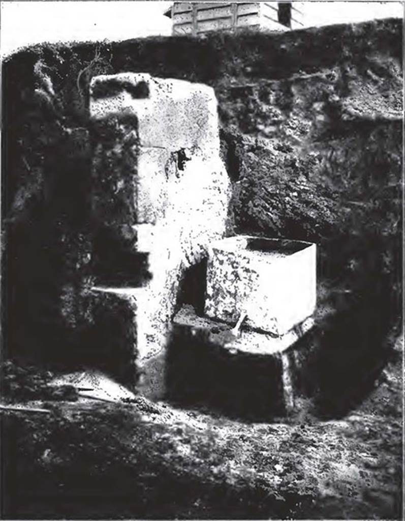 Water column on north-west corner of II.2 on Vicolo di Octavius Quarto. 1916-17.
The top of the water column is shown during excavation.
On it was found a lead tank which had two pipes, one presumably bringing water in and one to take it out.
See Notizie degli scavi di antichità: Vol 14, 1917. Roma: Real Accademia dei Lincei. (p. 255).