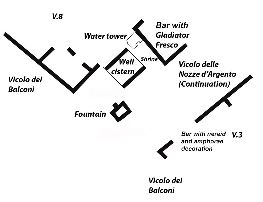 Pompei V.8. Quadrivio con torre d’acqua, pozzo-cisterna, fontana. Pianta.
Pompeii V.8. Quadrivio with Water tower, well/cistern and fountain. Plan.
See Osanna, M., 2019. Pompei: Il Tempo Ritrovato. Milano: Rizzoli, (p. 158, fig. 1.)
