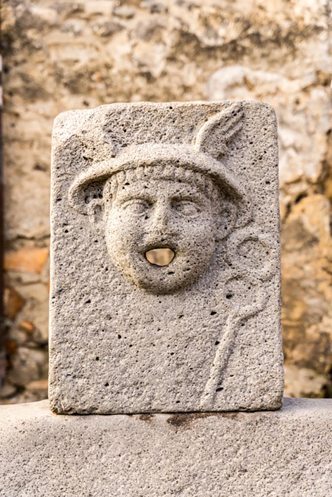 Fountain of Mercury at VI.8.24, Pompeii. January 2023.
Looking west to relief of Mercury. Photo courtesy of Johannes Eber.