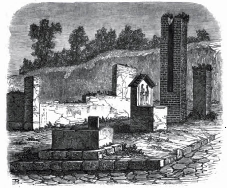Fountain outside VI.14.17. 1855 drawing of fountain, street altar and water column.
See Breton, Ernest. 1855. Pompeia, décrite et dessine : Seconde édition. Paris, Baudry, p. 307.