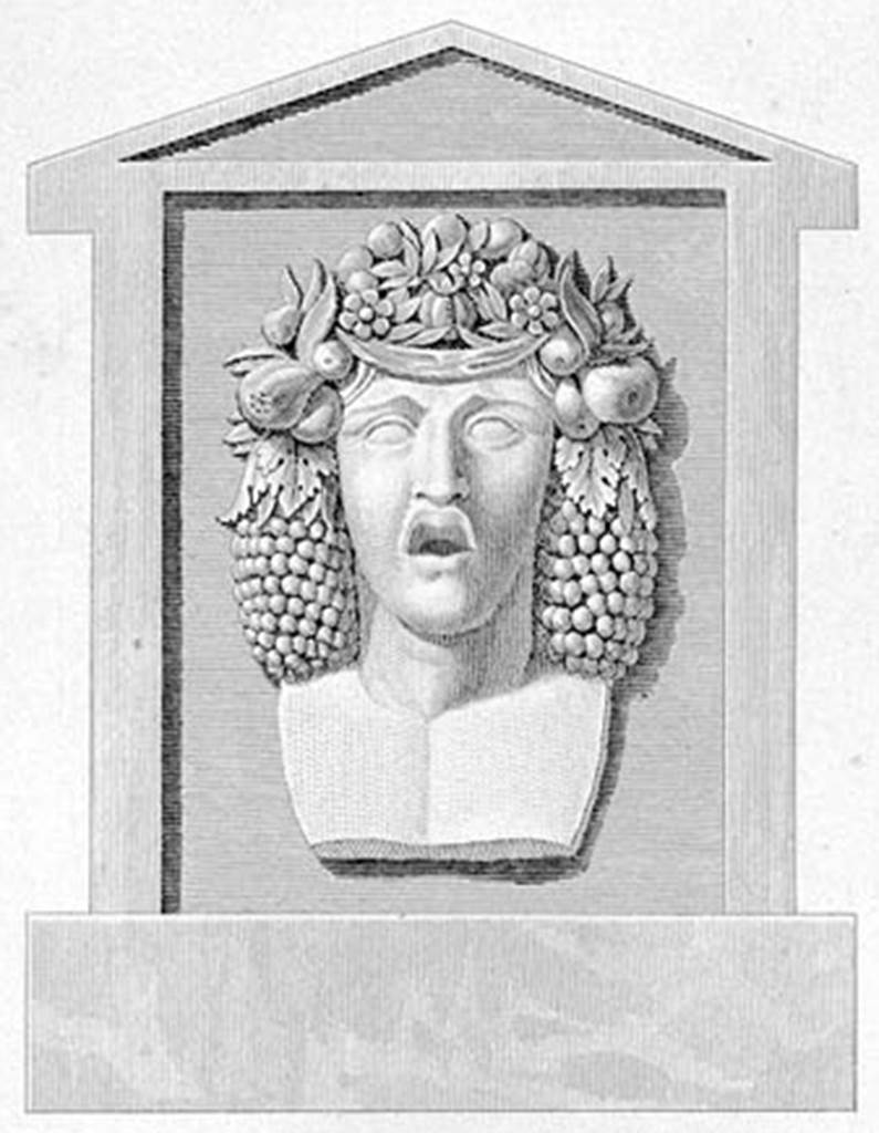About 1810. Drawing by Mazois of fountain head of Bacchus, or a God of the countryside and crossroads. See Mazois, F., 1824. Les Ruines de Pompei: Second Partie. Paris: Firmin Didot. (p. 37, Pl. III Fig. II). According to Eschebach, during the earliest excavations in 1755, near the Street of the Graves, a representation of the god Vertumnus or Bacchus was found, in the form of a fountain profile, which fits the character of this residential area.
This fountain in the form of a pilaster was discovered in VI. Ins. Occ. Via Consolare, see Mazois. Eschebach commented “this permits no conclusions on the shape of the well basin”.
See Eschebach, H., 1983. Pompeii, Herculaneum, Stabiae; Bollettino dell’ Associazione Internazionale Amici di Pompei 1. (pp. 15, 25, 26: Fig 33). This may, or may not, be the fountain from this site, see also the fountain description at II.3.5.