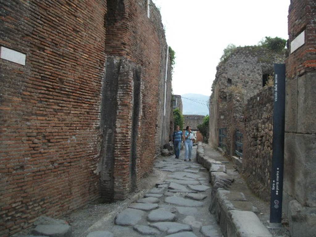 VII.5.8 Pompeii, side wall. May 2005. Vicolo delle Terme, looking south. VII.6 on right.