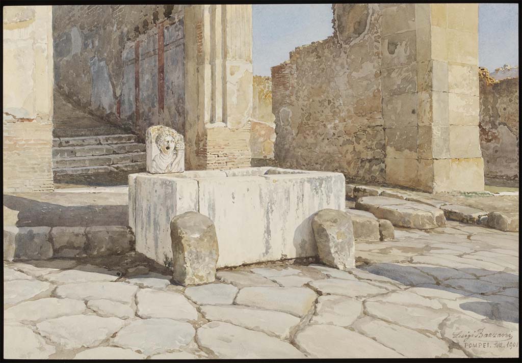 VII.9.67 Pompeii. September 1901. Watercolour by Luigi Bazzani.
Looking north across Via dell’Abbondanza towards fountain at base of rear stairs, and Vicolo di Eumachia, on right,
Photo © Victoria and Albert Museum, inventory number D1819-1904.