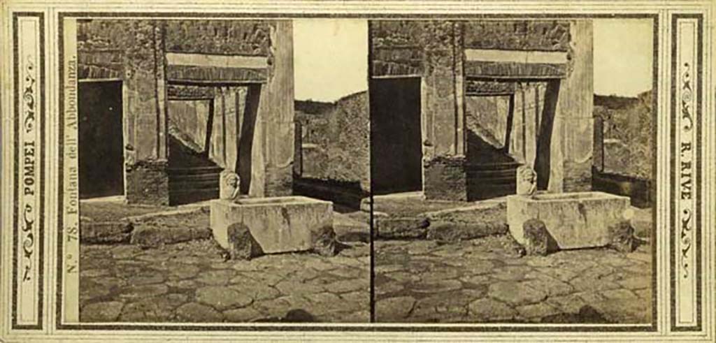VII.9.67 Steps to rear of Eumachia’s Building showing fountain and Vicolo di Eumachia on right, looking north.
Stereoview by R. Rive, c.1860-1870s. Photo courtesy of Rick Bauer.