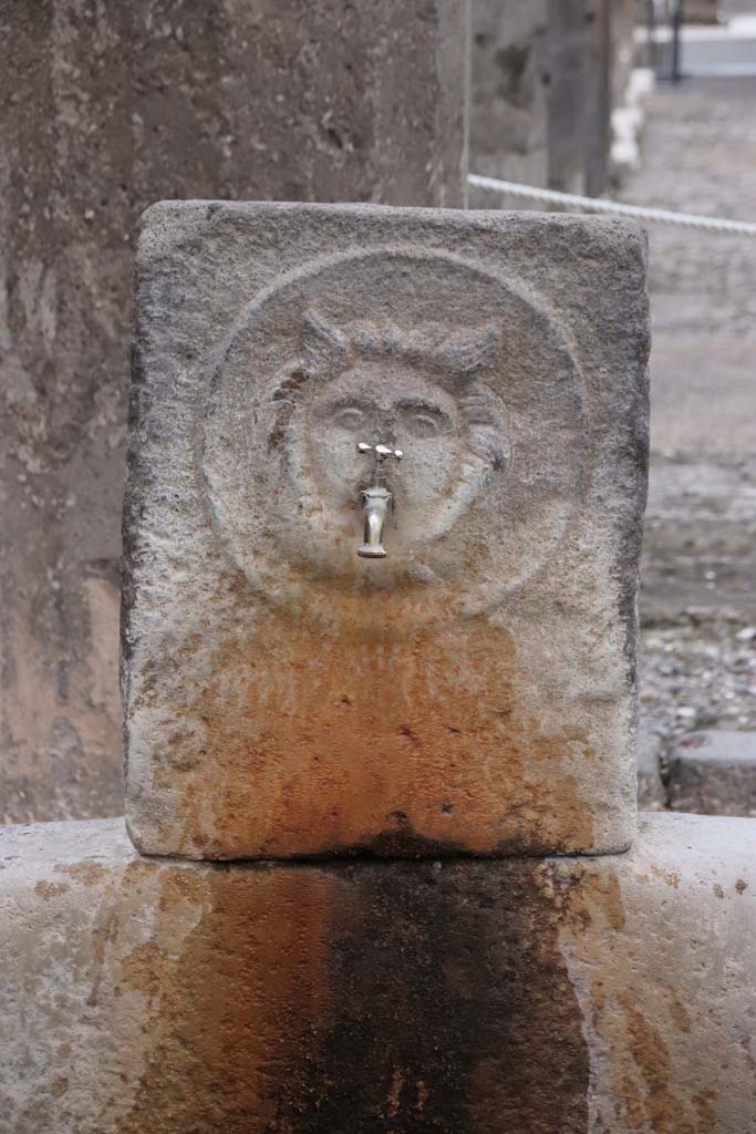 Outside VIII.2.11, Pompeii. October 2020. Fountain pilaster with relief of head of gorgon.
Photo courtesy of Klaus Heese.