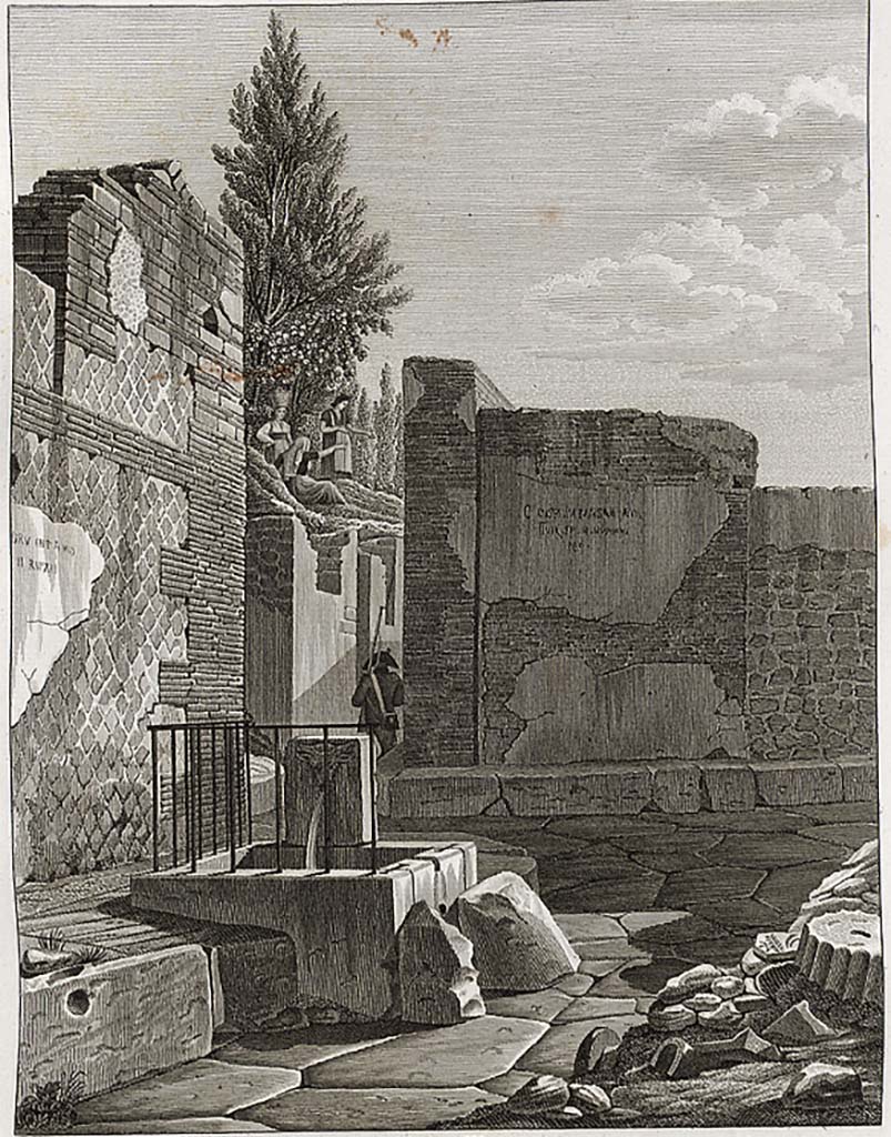 Vicolo della Regina, Pompeii. Drawing by Mazois, looking west to junction with Vicolo dei Dodici Dei.
According to Mazois � this fountain was decorated with the head of a bull; but what made it remarkable was the iron balustrade which surrounded it at the side of the sidewalk to stop anyone falling into the basin.
The iron bars, already almost destroyed by rust during their discovery, could not resist for long the atmosphere of the air, they have disappeared, however there are still fragments embedded into the stone.
See Mazois, F., 1824. Les Ruines de Pompei : Second Partie. Paris: Firmin Didot, Pl. V, fig.1, and p. 38.
