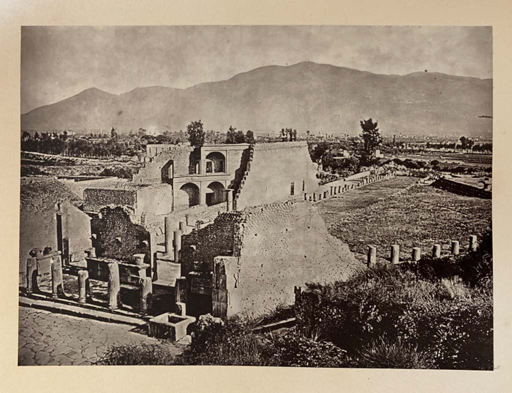 Fountain outside VIII.7.30 Pompeii. 1867 photo by G. Sommer, looking down on the fountain, the Triangular Forum and Large Theatre.
Photo courtesy of Rick Bauer.
According to Rick, this photo was taken from the high elevation point of the ash pile, prior to its removal.