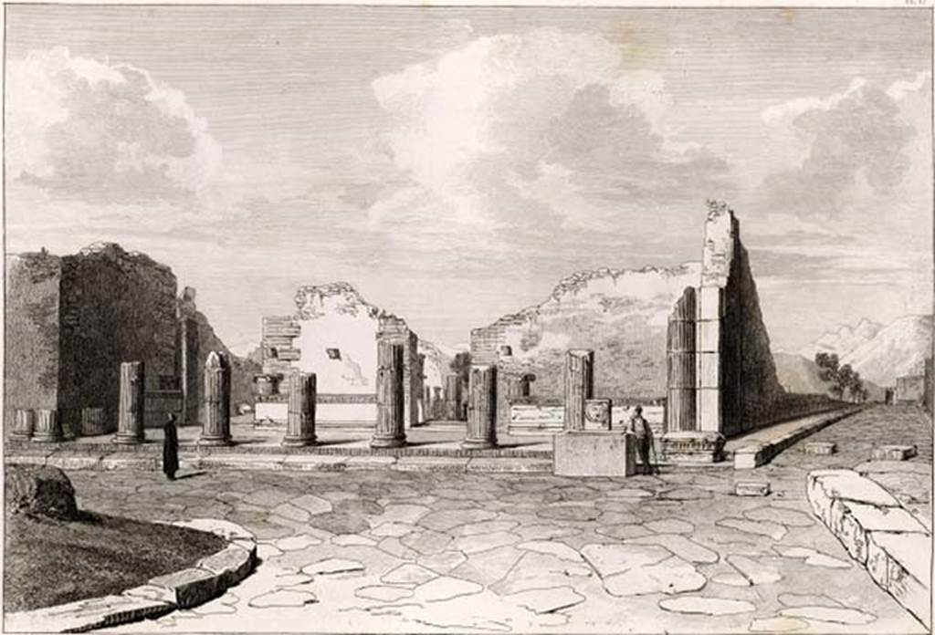 Fountain outside VIII.7.30 Pompeii. 1819 drawing entitled “Portico to the Greek Temple”.
Triangular Forum, columns at entrance with fountain in front.
See Cooke, Cockburn and Donaldson, 1827. Pompeii Illustrated: Vol. I. London: Cooke, p. 42, pl. 12.