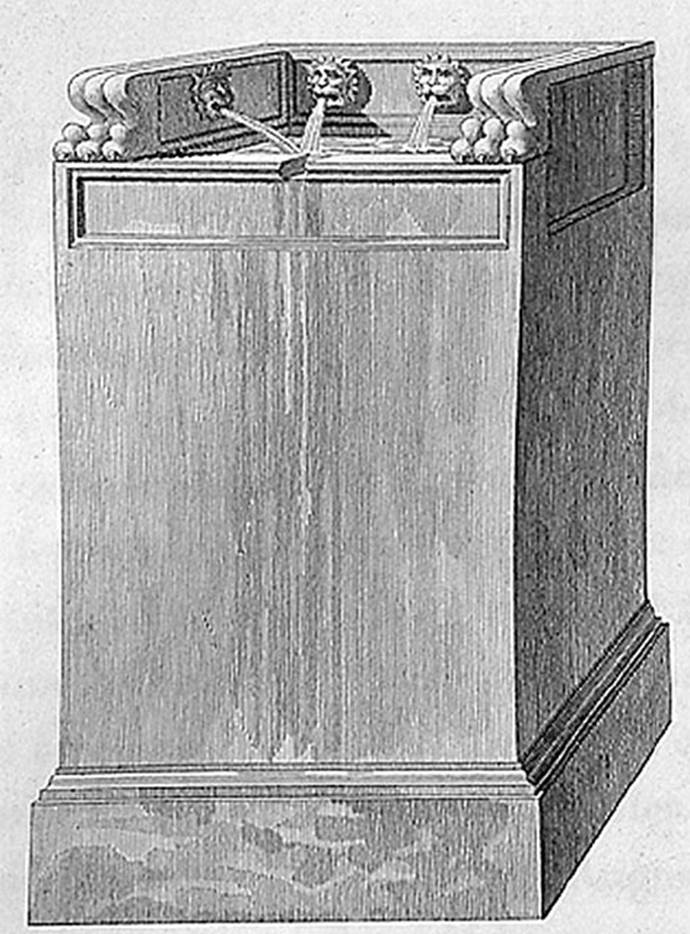 1824 drawing of fountain base with four lions’ heads.
According to Mazois this was placed in the camp of soldiers when he drew it.
It was a graceful composition and had to belong to some private building.
It was removed in 1810.
See Mazois, F., 1824. Les Ruines de Pompei: Second Partie. Paris: Firmin Didot. (p. 37 Plate III, Fig II).
According to Eschebach the remains of this fountain were removed in 1810 and have not been found again.
See Eschebach, H., 1983. Pompeii, Herculaneum, Stabiae; Bollettino dell’Associazione Internazionale Amici di Pompei 1. (p. 30, fig 40).