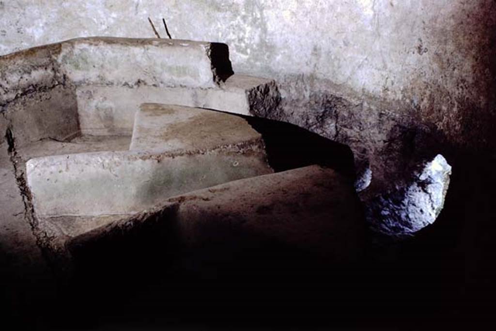 Castellum Aquae Pompeii., 1968. System with two dividing walls for channelling the water into the three different pipes.
Photo by Stanley A. Jashemski.
Source: The Wilhelmina and Stanley A. Jashemski archive in the University of Maryland Library, Special Collections (See collection page) and made available under the Creative Commons Attribution-Non Commercial License v.4. See Licence and use details.
J68f1207