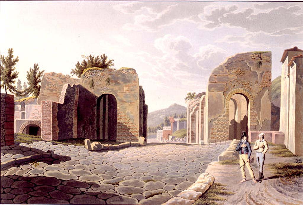 Porta Ercolano or Herculaneum Gate, Pompeii.
Pre-1824 aquatint by Jakob Wilhelm Huber, “Intérieur de la Porte vers les Tombeaux”, looking north to Gate, with VI.17.1, on left.
See Huber, J. W., 1824. Vues pittoresques des ruines les plus remarquables de l’ancienne ville de Pompei, pl. IV.