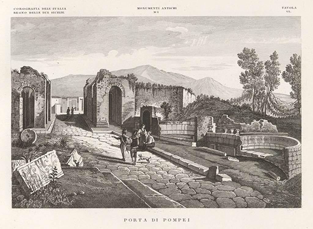 Porta Ercolano or Herculaneum Gate. 1845 drawing of tombs and gate.
See Zuccagni Orlandini, A., 1845. Atlante Illustrativo ossia raccolta dei principali monumenti italiani antichi, del medioevo e moderni e di alcune vedute pittoriche: Vol III: Regno delle due Sicilie. Firenze, Tav. VI, n.1.