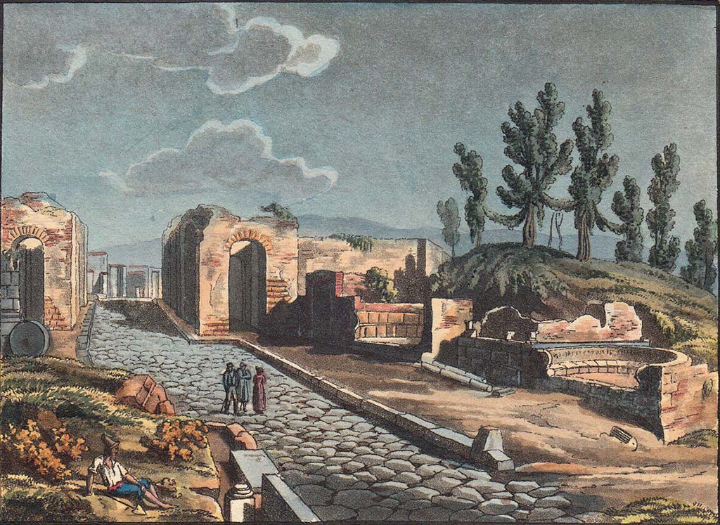 Porta Ercolano or Herculaneum Gate. Pre-1824 painting “Entrée de Pompei du Cote d’Herculanum” by Jakob Wilhelm Huber showing gate, tombs and Via dei Sepolcri.
See Huber, J. W., 1824. Vues pittoresques des ruines les plus remarquables de l’ancienne ville de Pompei, pl. III.