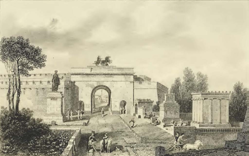 Porta Ercolano or Herculaneum Gate. Plate entitled “Entrance to the city from Herculaneum restored”. Engraved by G. Cooke.
Looking south from near Via Pomeriale.
See Gell, W, and Gandy J. P., 1819. Pompeiana the topography edifices and ornaments. London: Rodwell and Martin, 1819. (p.137, Plate XIX).
According to Van der Graaff –
“These somewhat overzealous reconstructions clash with the physical remains.
For example, Gell reconstructs full double parapets on either side of the gate, but an inn and stable flanked it to the south, whereas a staircase rather than the internal parapet abutted it to the north.”
See Van der Graaff, I. (2018). The Fortifications of Pompeii and Ancient Italy. Routledge, (p.130).