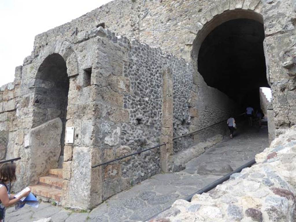 Pompeii, Porta Marina, June 2017. Looking towards north wall of gateway, with steps to pedestrian tunnel, on left. Photo courtesy of Michael Binns.