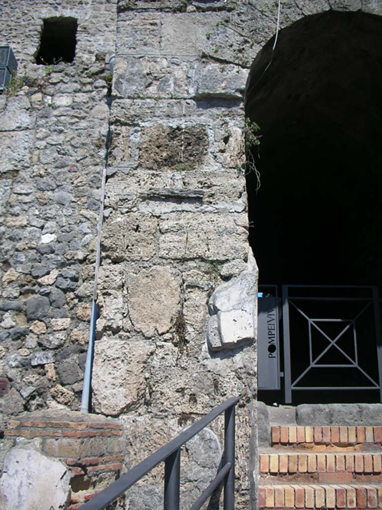 Porta Marina, Pompeii. May 2011.
Pilaster on left (north) side of pedestrian gate. Photo courtesy of Ivo van der Graaff.