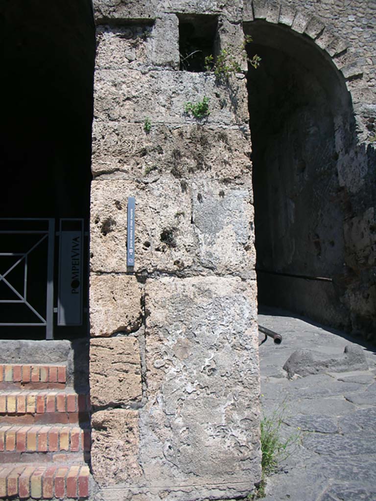 Porta Marina, Pompeii. May 2011.
Pilaster on south side of pedestrian tunnel, on left. Photo courtesy of Ivo van der Graaff.