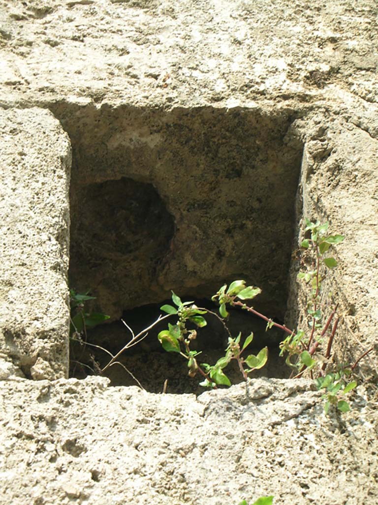 Porta Marina, Pompeii. May 2011.
Detail of niche/recess on upper pilaster on south side of pedestrian tunnel. Photo courtesy of Ivo van der Graaff.
