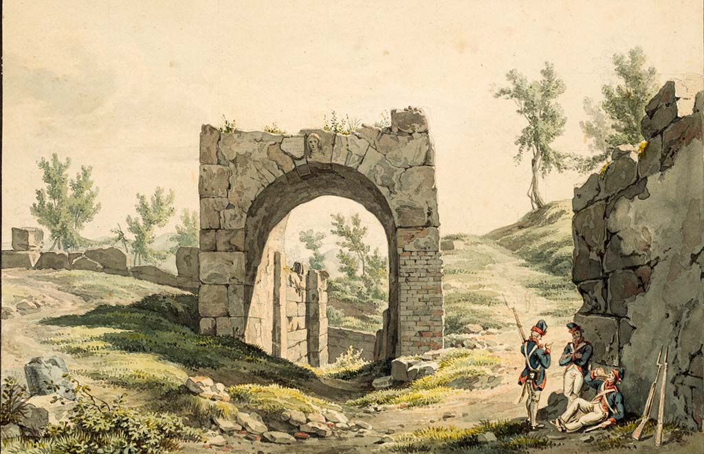 Pompeii Porta Nola. Pre-1824 painting by Jakob Wilhelm Huber “Porta di Nola”.
The painting shows the Oscan inscription, recording Vibius Popidius overseeing the building, still in situ to the left of the head of Minerva.